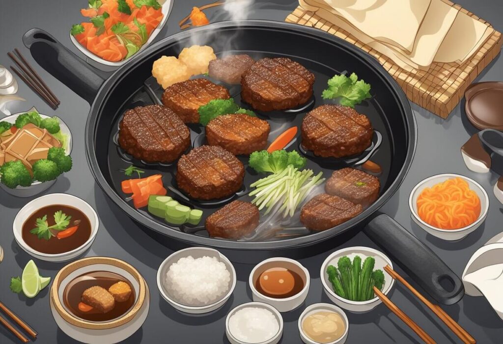 Japanilaiset teriyaki jauhelihapihvit ja vihanneksia