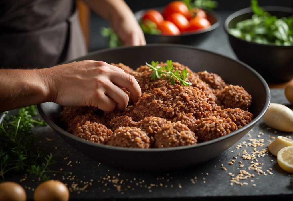 Käsi sekoittaa jauhelihaa ja mausteita1 kg hampurilaispihviä varten