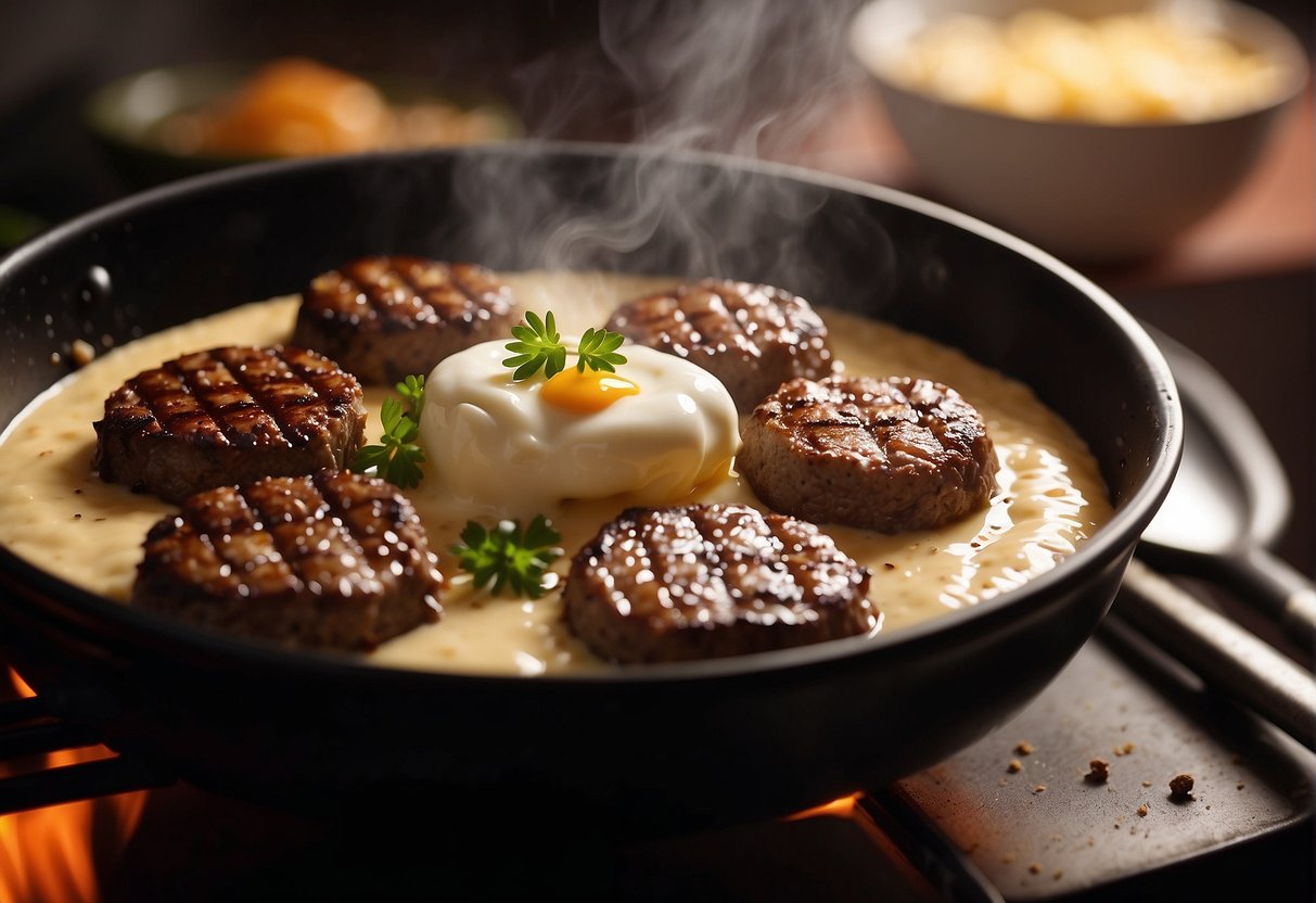 Creme Fraiche ja jauhelihapihvit paistuvat pannussa
