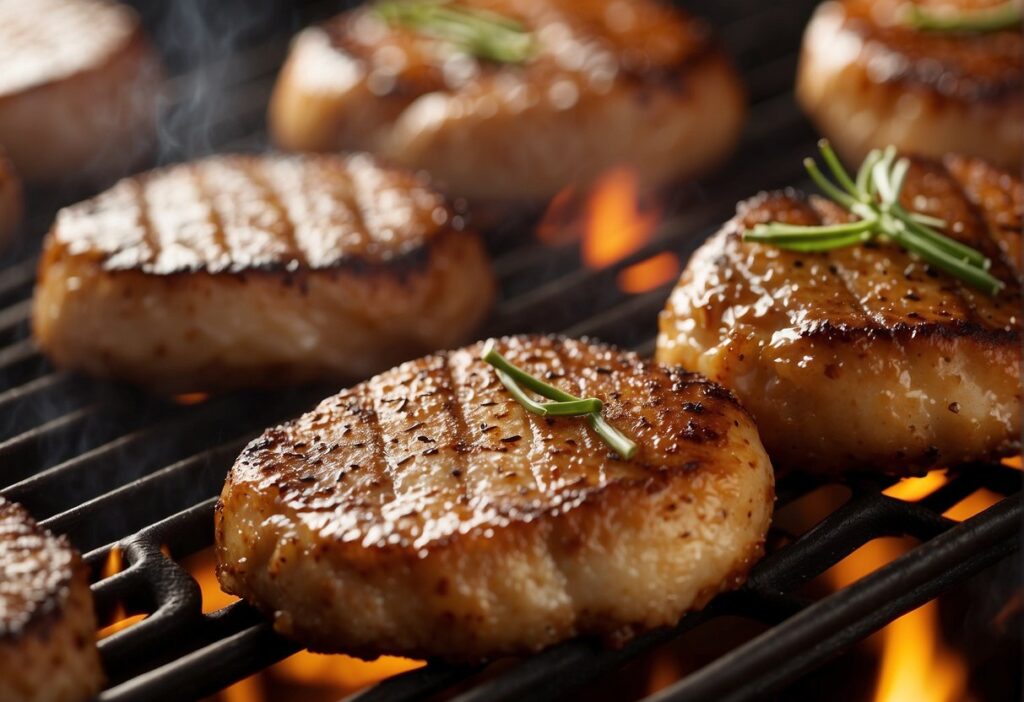 Mehukkaat lihapihvit kiehuvat kuumalla grillillä. Höyry nousee, kullanruskea kuori muodostuu. Mausteisten mausteiden aromit täyttävät ilman.