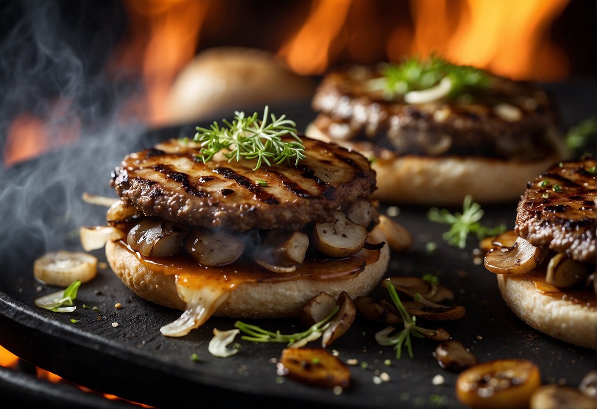 Kiehuvat sieni- ja jauhelihapihvit kuumalla grillillä. Viipaloitu sipuli ja yrtit ympärillä.