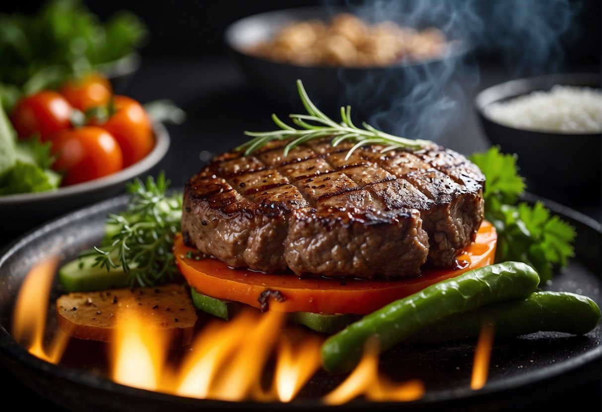 Naudan jauhelihapihvi kypsyy kuumalla grillillä aromaattisten yrttien ja mausteiden ympäröimänä. Vieressä kulhollinen tuoreita vihanneksia.